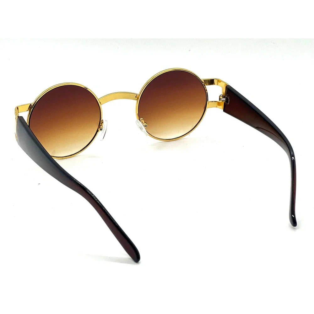 Round Sunglasses Gold Frame Brown Lens Greek Key Accents Men Hip Hop Street Wear